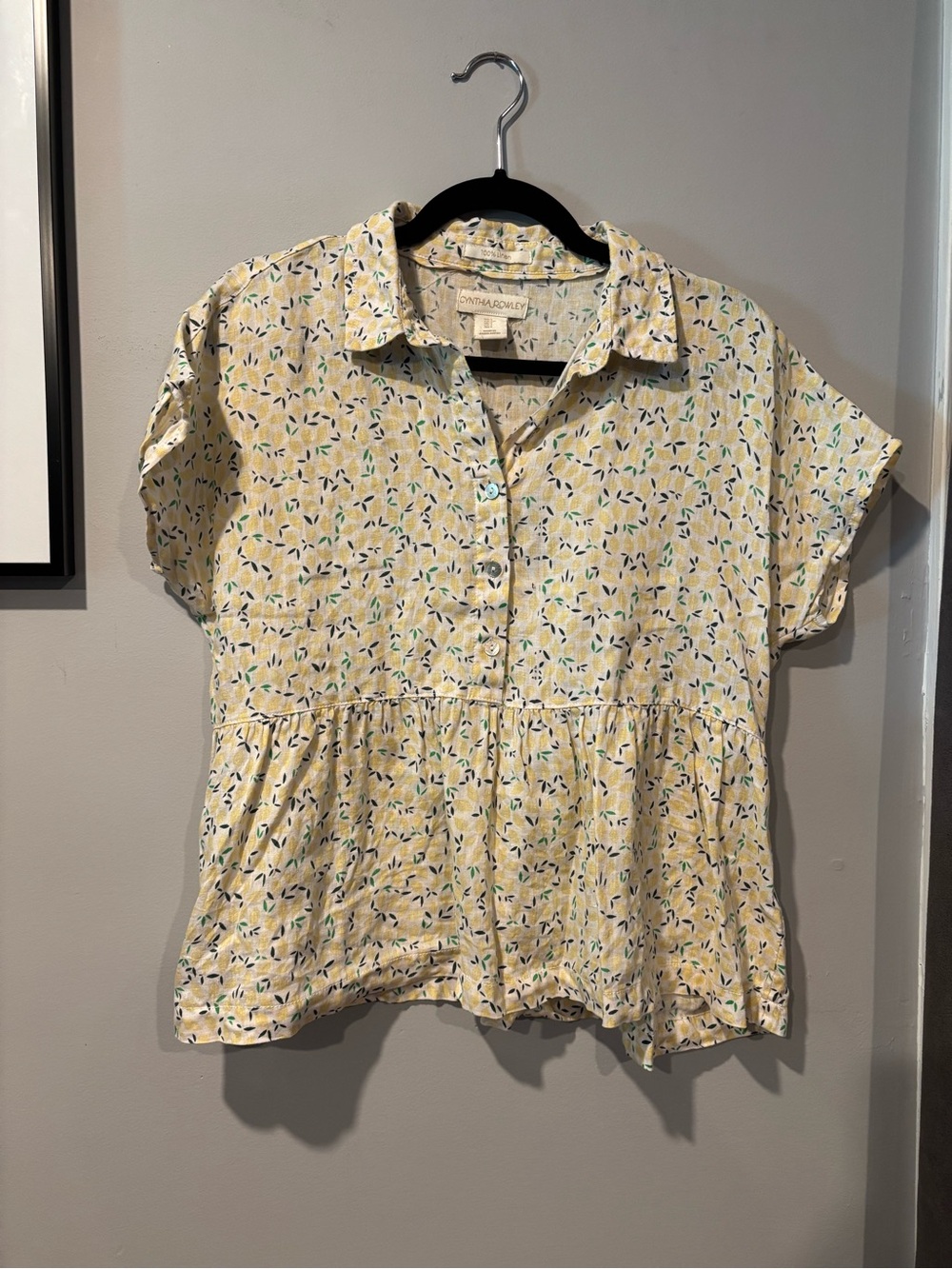 Cynthia Rowley 100% Linen Lemon Print Collared Blouse - Picture 2 of 5